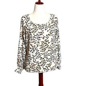 CAbi blouse Round Trip cream yellow black patterned  long sleeve scoop neck Sz S